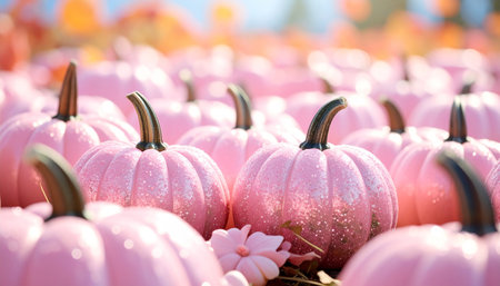 pink and white pumpkins in the autumn garden, soft focusの素材