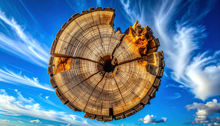 Wooden cross section of a tree trunk against a blue sky.の素材
