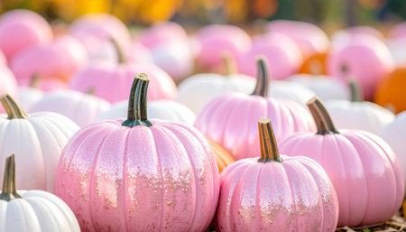 pink and white pumpkins on the autumn field for halloweenの素材