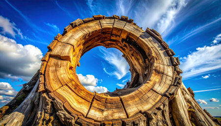 Old tree stump with blue sky and white clouds in the background.の素材