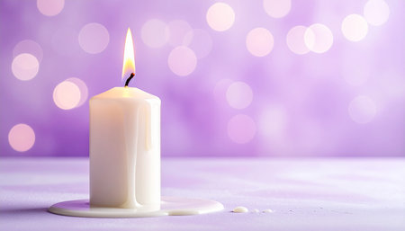 Burning candle on table with bokeh background, space for textの素材