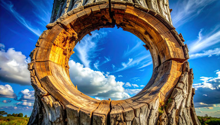 Wooden ring in the form of a circle with blue sky backgroundの素材