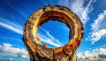 Hole in the wood on a background of blue sky with cloudsの素材