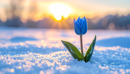 Beautiful blue tulip in the snow at sunset. Nature backgroundの素材
