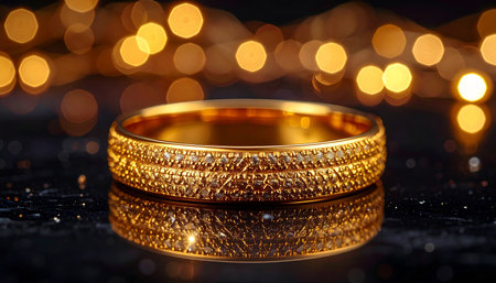 Gold wedding rings on a black background with bokeh lights.の素材