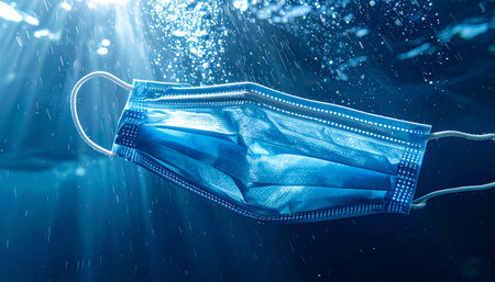 Blue surgical mask floating in the water. Coronavirus concept.の素材