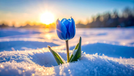 Tulip flower in the snow. Beautiful blue tulip flower in the snow.の素材