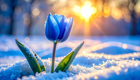 Tulip in the snow at sunset. Beautiful spring landscape.の素材