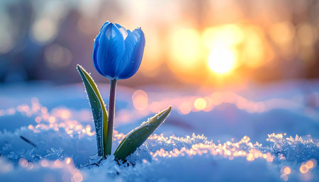 Beautiful blue tulip flower in the snow on the background of sunsetの素材