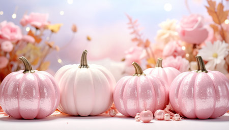 pink and white pumpkins on a background of autumn leaves and flowersの素材