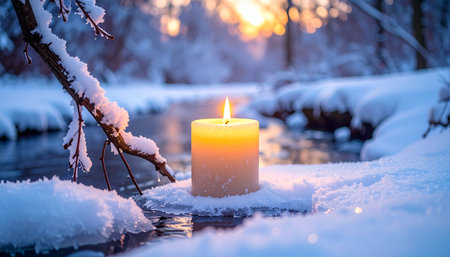 Burning candle in the winter forest on a background of snow.の素材