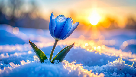 Tulip flower in the snow at sunset. Beautiful spring landscape.の素材