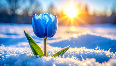 Beautiful blue tulip flower in snow at sunset. Spring landscape.の素材