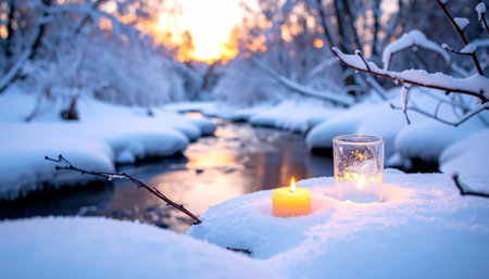 Candle in the snow on the banks of the river at sunsetの素材