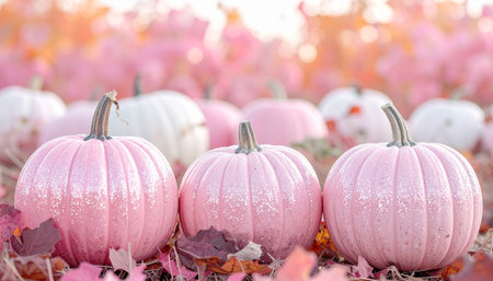 pink and white pumpkins with autumn leaves in the park.の素材