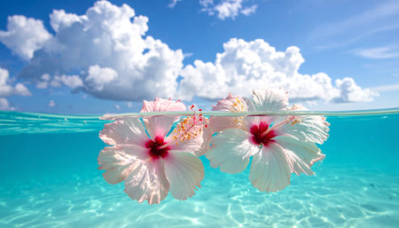 Hibiscus flowers floating in the water with blue sky backgroundの素材