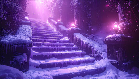 Staircase covered with snow in the park at night, tonedの素材