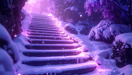 Winter landscape with snow covered stairs in the forest. 3d renderingの素材