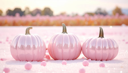 Decorative pumpkins on artificial snow outdoors, closeup of photoの素材