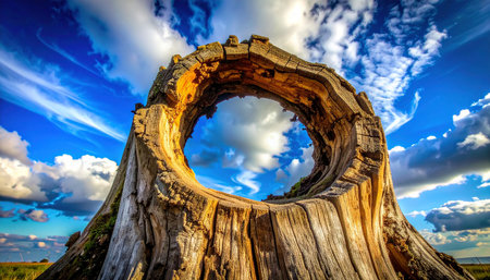 Old tree stump with blue sky and clouds in the background at sunsetの素材