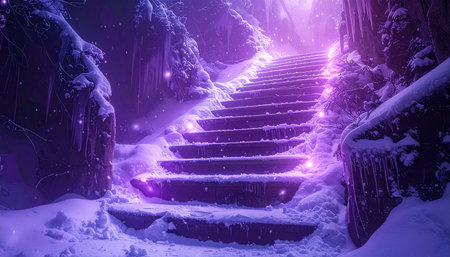 staircase in winter forest with purple lights and snowflakesの素材