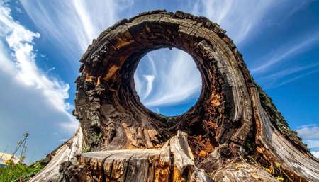 Old tree stump with a hole in it against blue sky with cloudsの素材