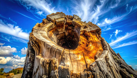 Old tree stump against the blue sky with clouds. Beautiful nature background.の素材