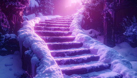 Stairway in the snow in the winter forest at sunset.の素材