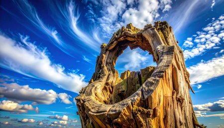 Heart shaped tree stump against blue sky with clouds. Beautiful nature background.の素材