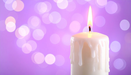 Burning candle on purple background with bokeh, closeupの素材