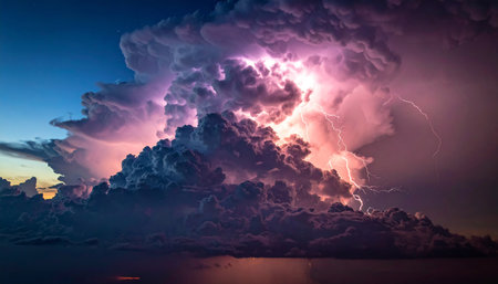 Thunderstorm over the sea at sunset. Dramatic sky with lightningの素材