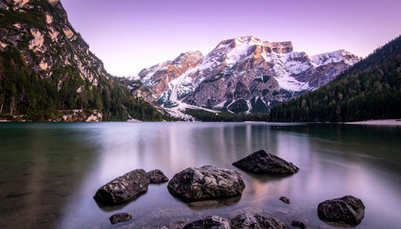 Sunset at the Braies lake in Dolomites, Italyの素材