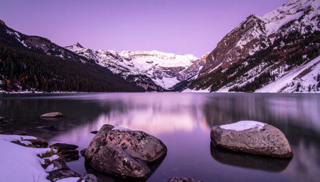 Lake Louise at sunset, Banff National Park, Alberta, Canadaの素材