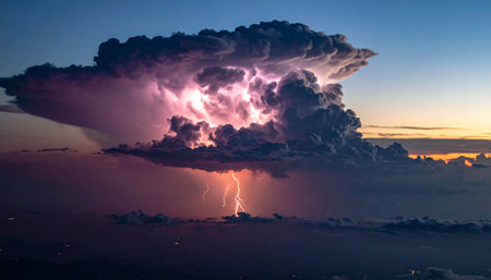 Lightning strike in the sky at sunset. Thunderstorm, lightning strikeの素材