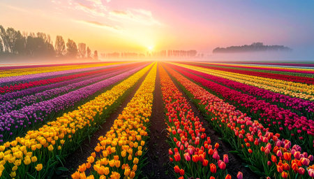 Colorful tulip fields in the Netherlands at sunrise. Spring landscape.の素材