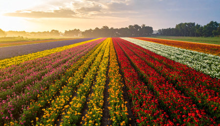 Colorful tulip fields in Holland at sunrise. Colorful spring flowers.の素材