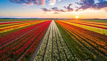 Colorful tulip fields in the Netherlands at sunset. Spring landscape.の素材