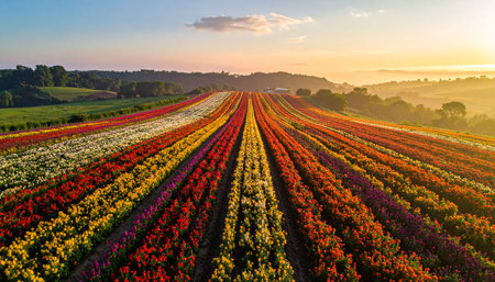 Colorful tulip field in the morning light. Beautiful spring landscape.の素材