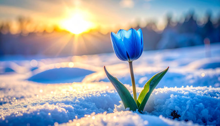 Tulip flower in the snow at sunset. Beautiful spring landscape.の素材