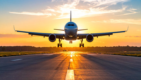 Airplane landing on runway at sunset. Travel and transport concept.の素材