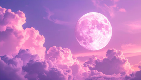 Purple sky with clouds and full moon. 3d illustration.の素材
