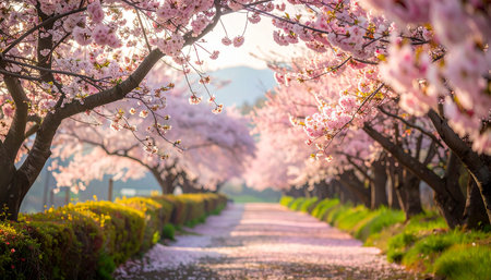 Cherry blossoms in full bloom along a paved road in Japanの素材