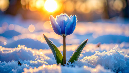 Beautiful blue crocus flower in the snow in the rays of the setting sunの素材