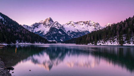 Sunset on the lake Misurina in winter, Italy.の素材