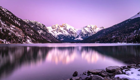 Mountain lake in the Alps in winter, Italy. Long exposureの素材