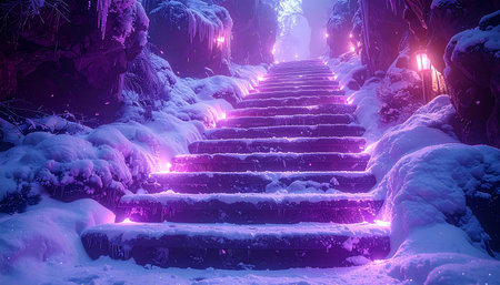staircase in the winter forest, illuminated by ultraviolet light.の素材