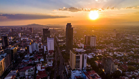 Aerial view of cityscape at sunset in Bangkok, Thailand.の素材