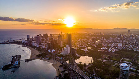 Aerial view of Pattaya city skyline at sunset, Thailand.の素材