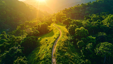 Aerial view of green forest and road in the morning, Thailandの素材
