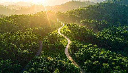 Aerial view of a road in the forest at sunset. Nature backgroundの素材